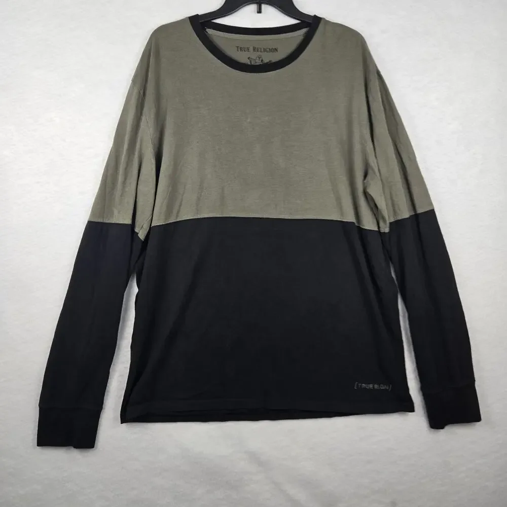 True Religion World Tour T-Shirt Men's XXL Green/Black Crew Neck Long Sleeve